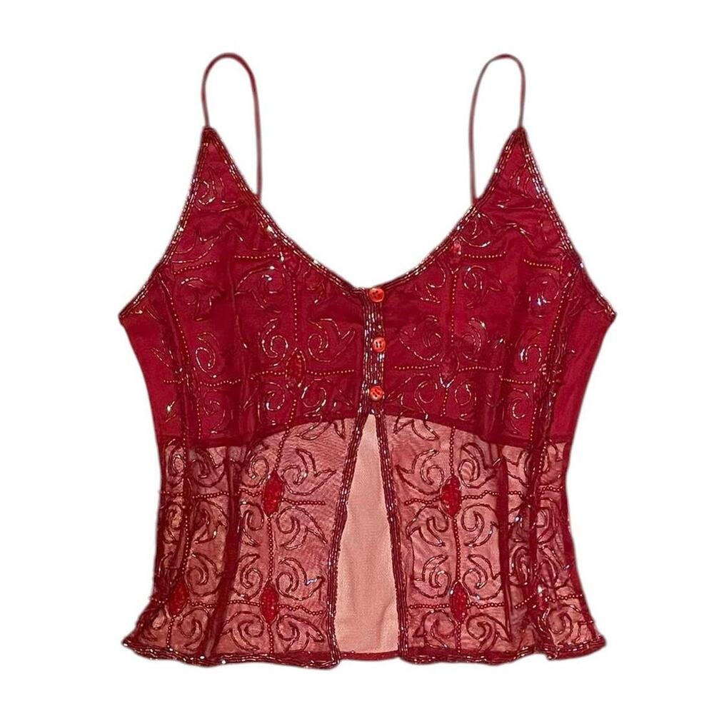 Deadstock Vintage Y2K 90s sheer red mesh tank top Size M